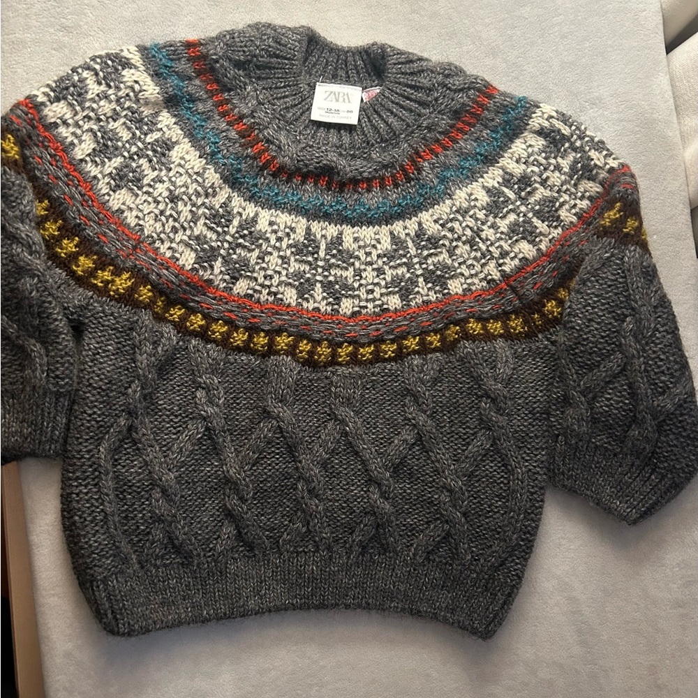 Zara Kids Charcoal Knit Sweater with Multicolor Accents